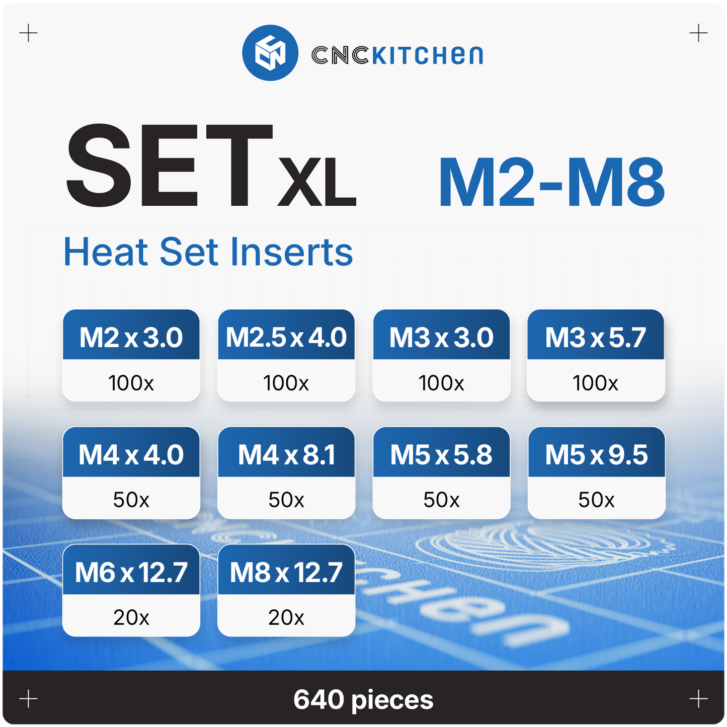 Heat Set Inserts - SET XL M2-M8 - 640 pieces