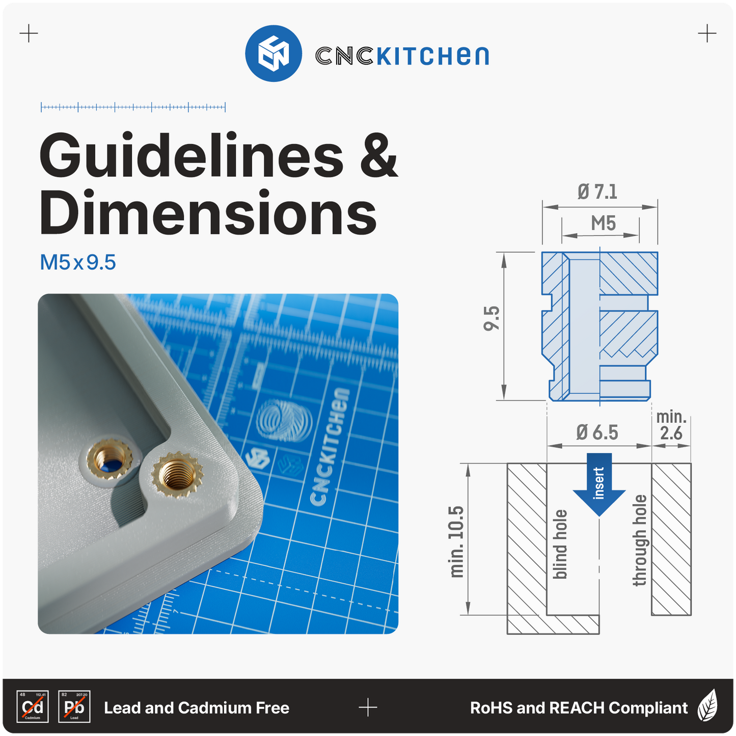 M5 x 9.5mm Heat Set Insert - 50 pieces